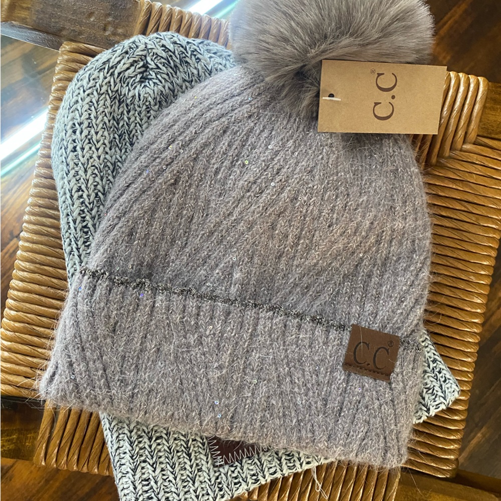 Taupe CC pom beanie